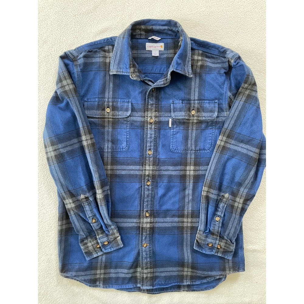 Carhartt Flannel Shirt Mens L Blue Grey Plaid Original Fit Cotton 102215